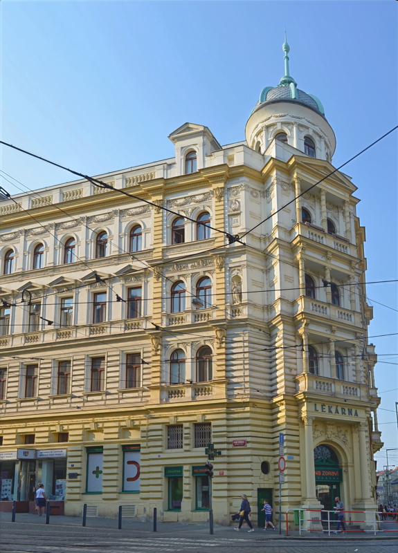 17 - An ornate historic corner building located at Strossmayerovo náměstí (Strossmayer Square) in the Holešovice district of Prague